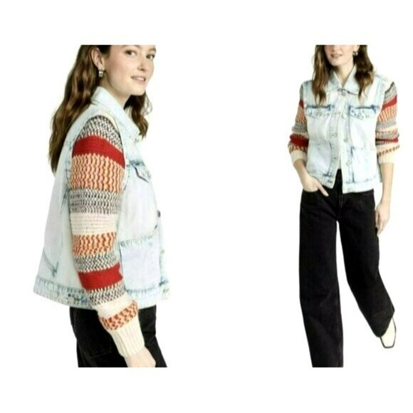 BLANK NYC $198 Large Happy Promises Striped Knit Denim Trucker Jacket NWT - Picture 5 of 10